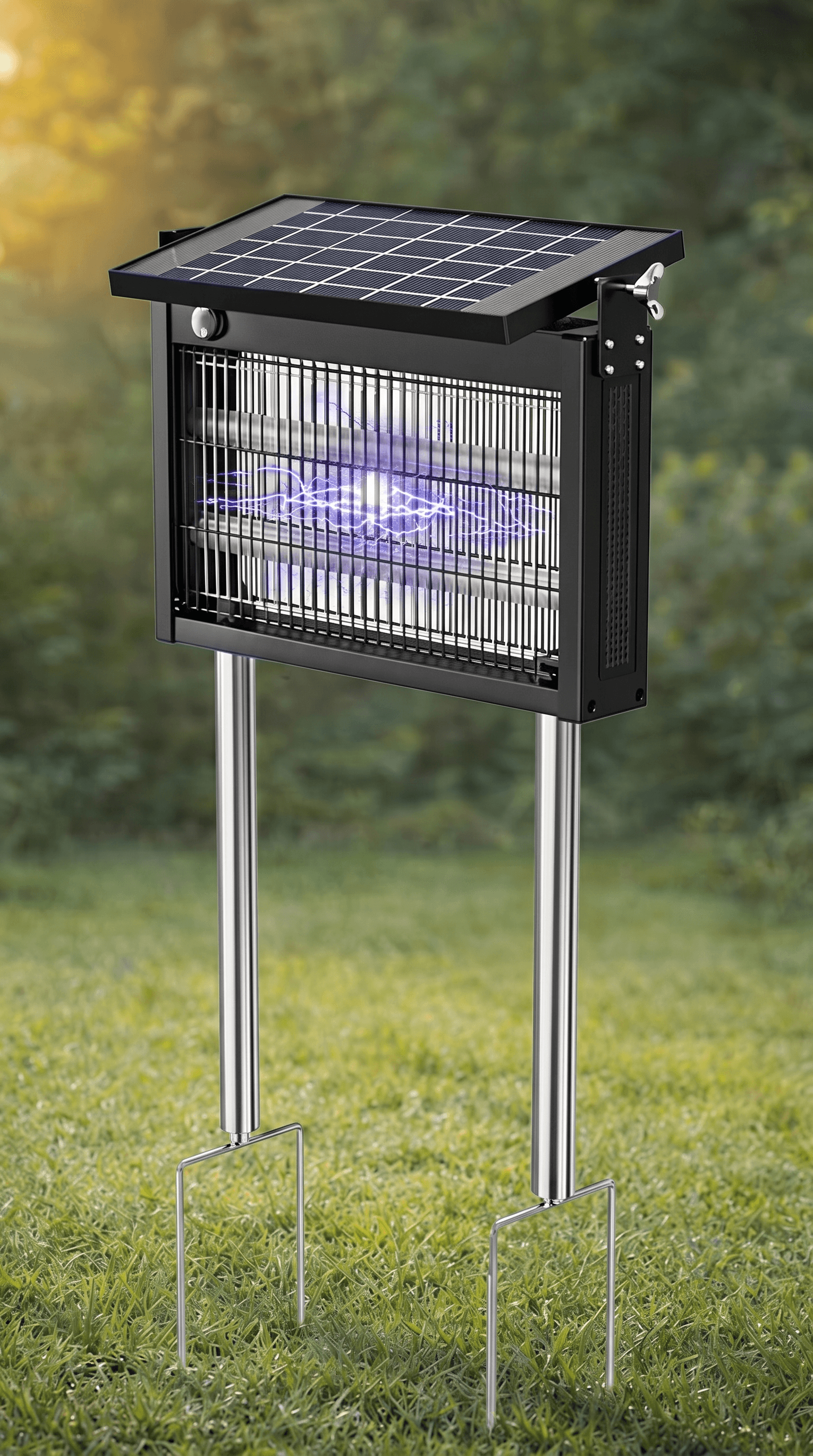 Gainstarx Solar Bug Zapper staked on lawn with soft morning light catching the top-mounted solar panel
