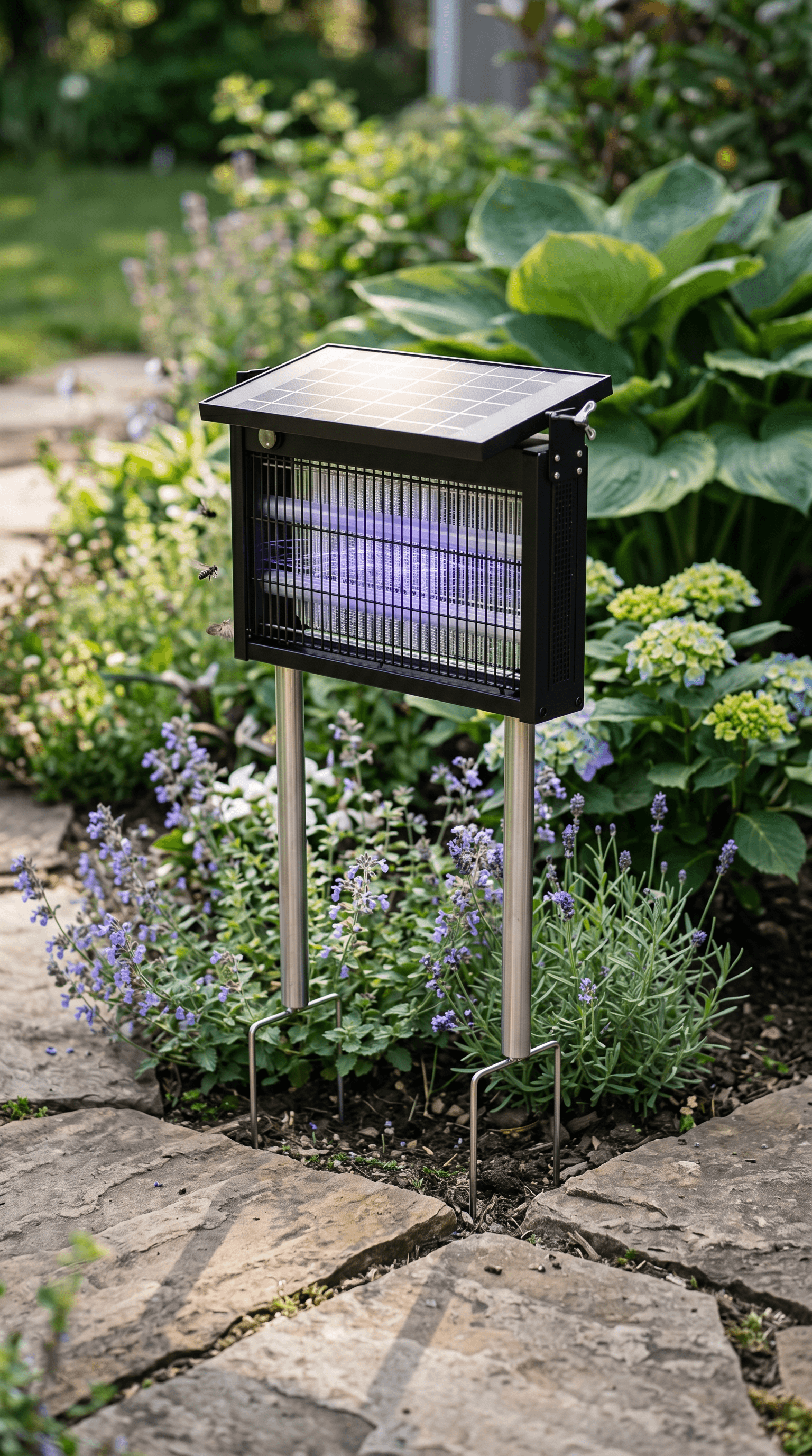 The Gainstarx zapper staked in a garden bed with flowering plants visible behind, solar panel angled to the afternoon sun
