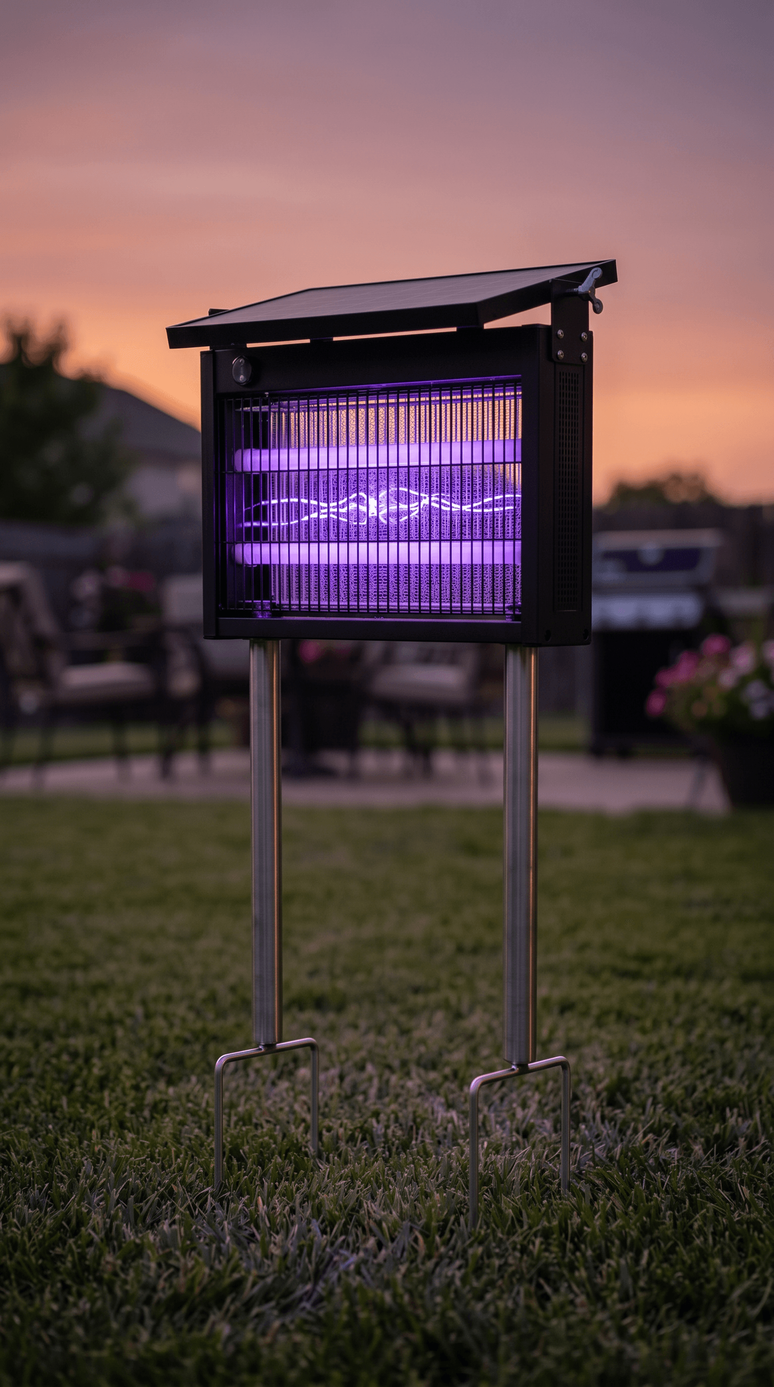 Gainstarx Solar Bug Zapper staked in a lawn at dusk, violet UV grid glowing inside the housing