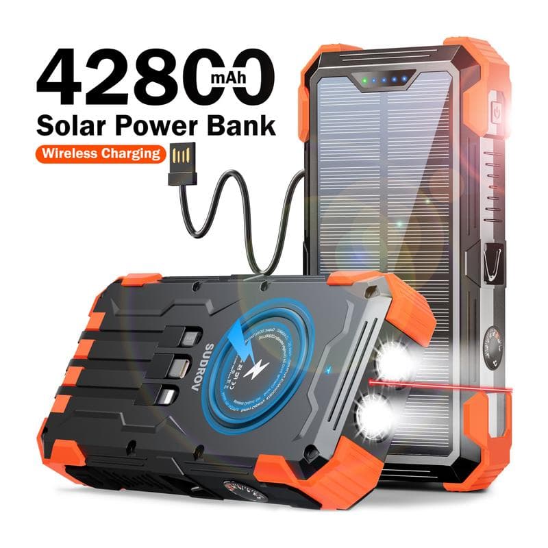 Sudrov 42800mAh Solar Power Bank Wireless Charger with 4 Cables 7 Outputs